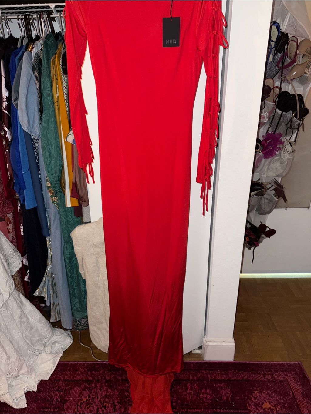 Nbd “Simone Gown” Red Long-Sleeve Maxi Dress With Fringe Tie Sleeves